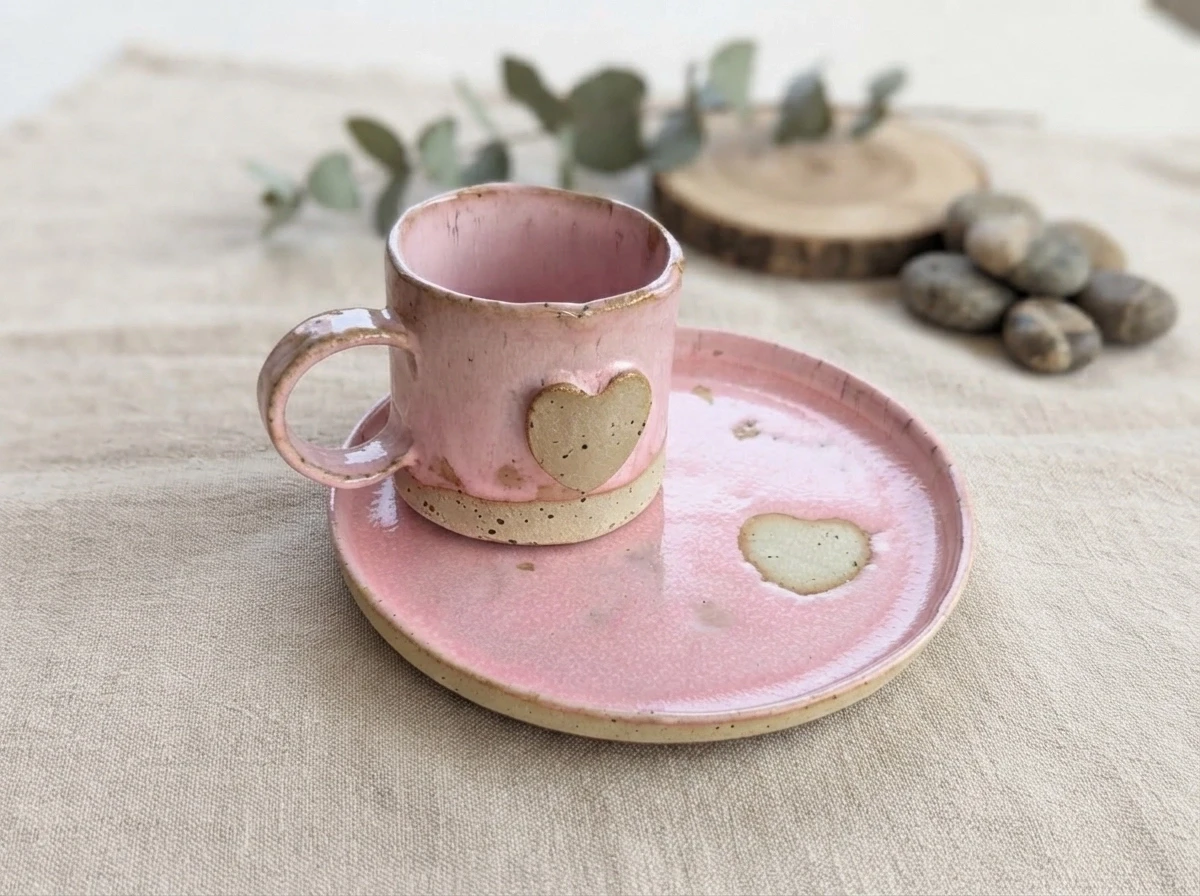 Filiżanka z talerzykiem deserowym z serduszkiem różowa – zdjęcie 1